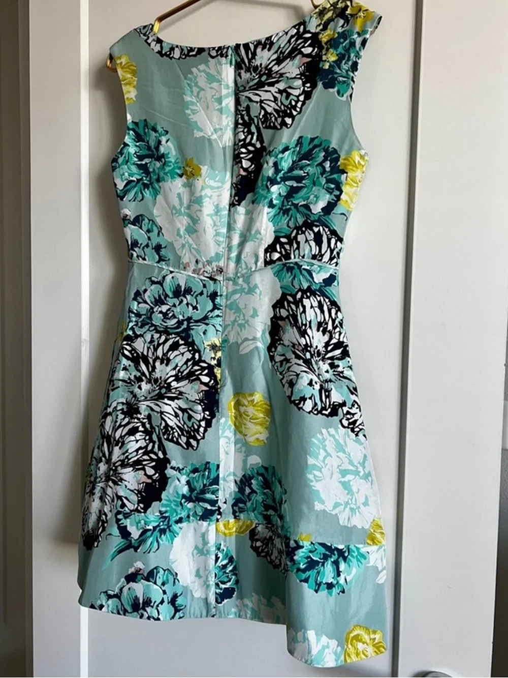 J.Crew 100% Silk Watercolor Floral A-Line Dress Blue Teal Yellow Sleeveless Sz 4